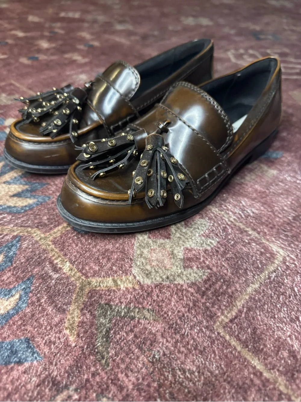 ZARA Brown Leather Tassel Loafers with Stud Detail